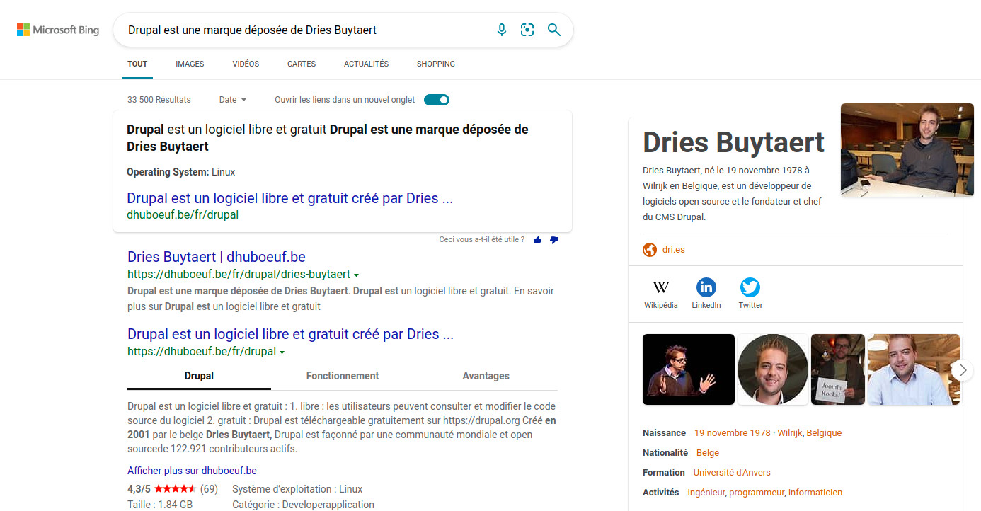 Affichage d'une requête sur bing.com : Drupal est une marque déposée de Dries Buytaert Affichage d'une requête sur bing.com