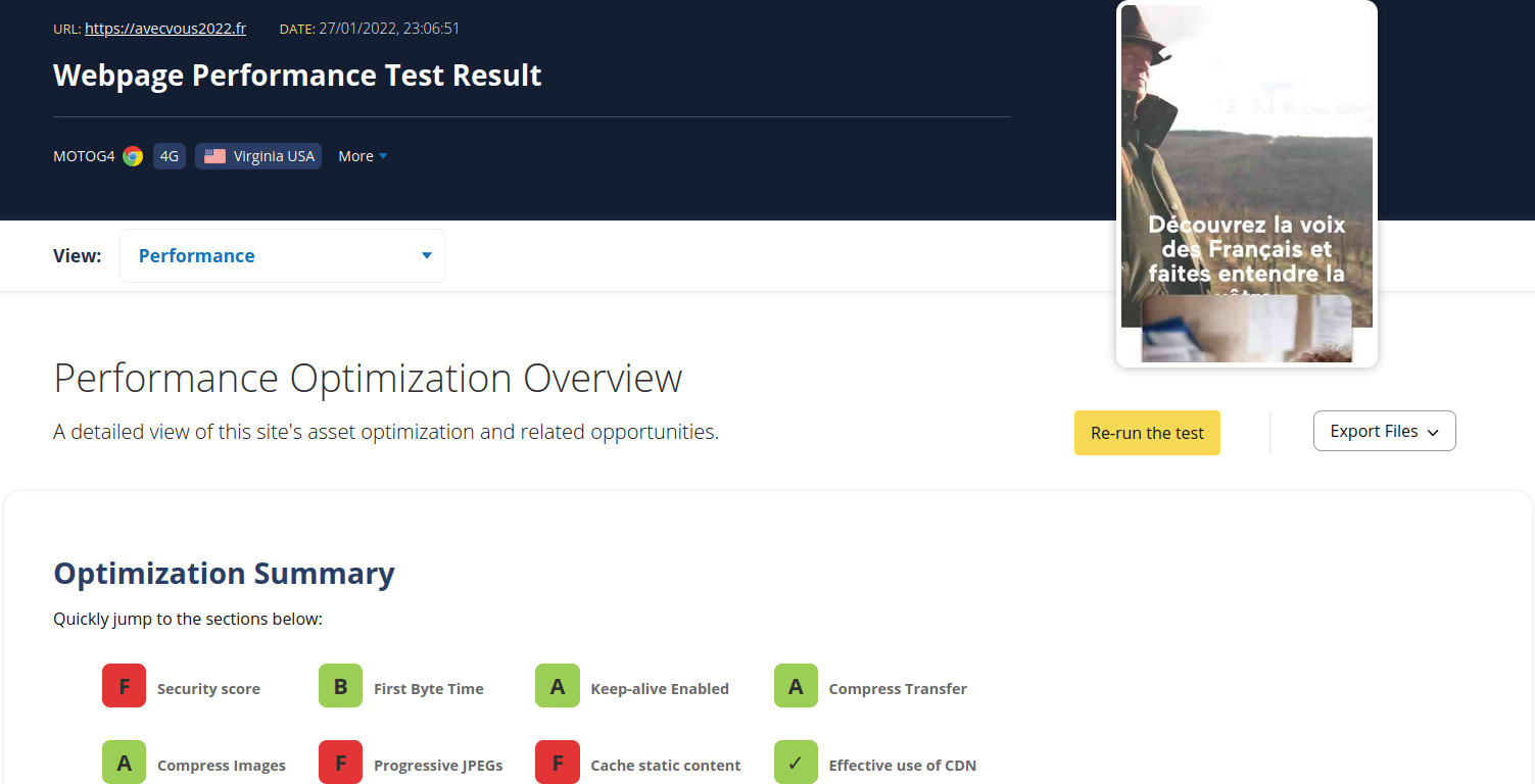 Résultats du test de performance de la page web sur webpagetest.org
