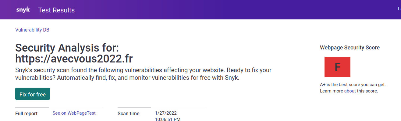 Résultats du rapport de sécurité de la page web sur snyk.io