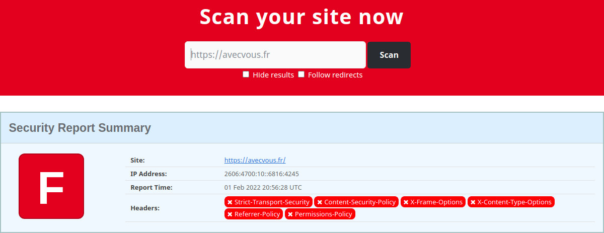 Résultats du rapport de sécurité de la page web sur securityheaders.com