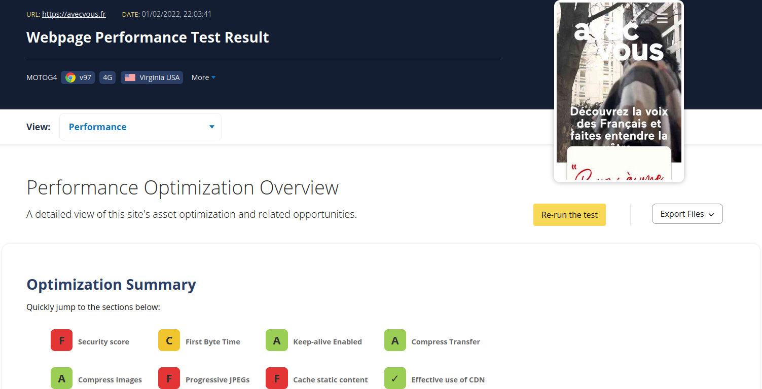 Résultats du test de performance de la page web sur webpagetest.org