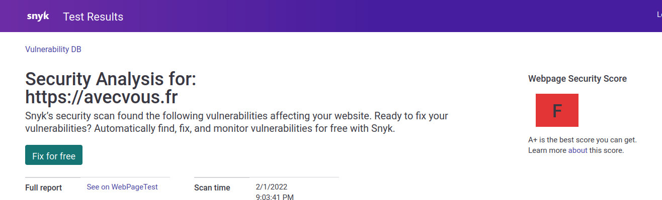 Résultats du rapport de sécurité de la page web sur snyk.io