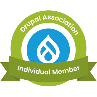 Drupal est façonné par une communauté mondiale de 124.966 contributeurs actifs en date du 6 juillet 2022 Drupal Association individual member badge