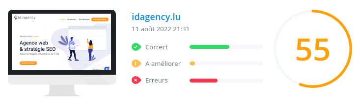 Score WooRank de la page d'accueil du site idagency.lu le 11 août 2022 : 55/100 idagency.lu : score WooRank de la page d'accueil du site en date du 11 août 2022