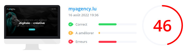 Score WooRank de la page d'accueil du site myagency.lu le 16 août 2022 : 46/100 myagency.lu : score Woorank de la page d'accueil du site en date du 16 août 2022