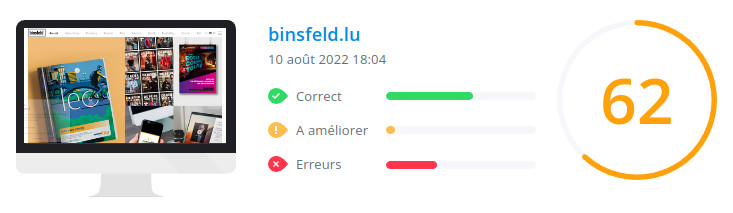 Score WooRank de la page d'accueil du site binsfeld.lu le 10 août 2022 : 62/100 binsfeld.lu : score WooRank de la page d'accueil du site en date du 10 août 2022