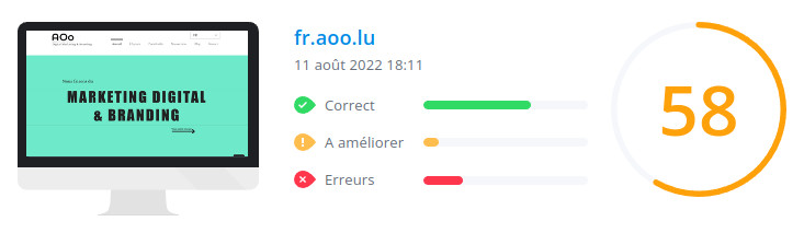 Score WooRank de la page d'accueil du site aoo.lu le 11 août 2022 : 58/100 aoo.lu : score WooRank de la page d'accueil du site en date du 11 août 2022