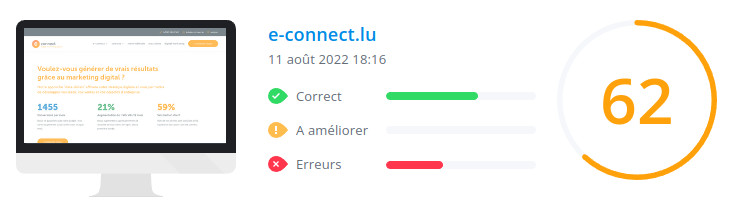 Score WooRank de la page d'accueil du site e-connect.lu le 11 août 2022 : 62/100 e-connect.lu : score WooRank de la page d'accueil du site en date du 11 août 2022