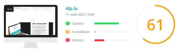 Score WooRank de la page d'accueil du site idp.lu le 11 août 2022 : 61/100 idp.lu : score WooRank de la page d'accueil du site en date du 11 août 2022
