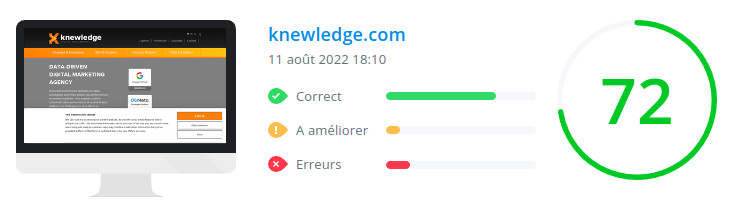 Score WooRank de la page d'accueil du site knewledge.com le 11 août 2022 : 72/100 knewledge.com : score WooRank de la page d'accueil du site en date du 11 août 2022