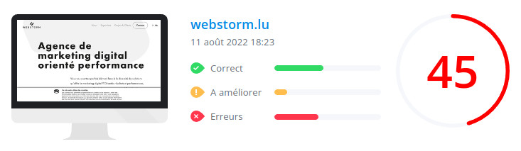 Score WooRank de la page d'accueil du site webstorm.lu le 11 août 2022 : 45/100 webstorm.lu : score Woorank de la page d'accueil du site en date du 11 août 2022