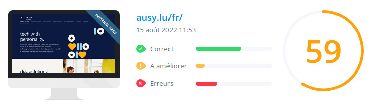 Score WooRank de la page d'accueil du site ausy.lu le 15 août 2022 : 59/100 ausy.lu : score WooRank de la page d'accueil du site en date du 15 août 2022