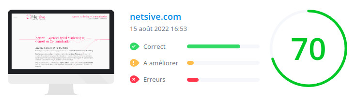 Score WooRank de la page d'accueil du site netsive.com le 15 août 2022 : 70/100 netsive.com : score Woorank de la page d'accueil du site en date du 15 août 2022