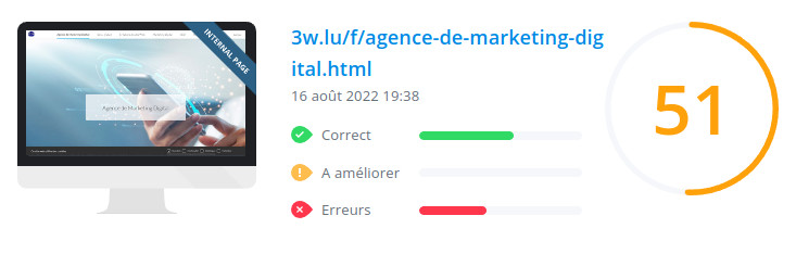 Score WooRank de la page d'accueil du site 3w.lu le 16 août 2022 : 51/100 3w.lu : score Woorank de la page d'accueil du site en date du 16 août 2022