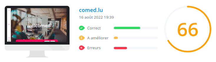 Score WooRank de la page d'accueil du site comed.lu le 16 août 2022 : 66/100 comed.lu : score Woorank de la page d'accueil du site en date du 16 août 2022