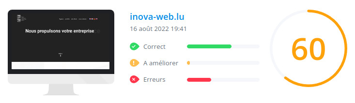 Score WooRank de la page d'accueil du site inova-web.lu le 16 août 2022 : 60/100 inova-web.lu : score Woorank de la page d'accueil du site en date du 16 août 2022