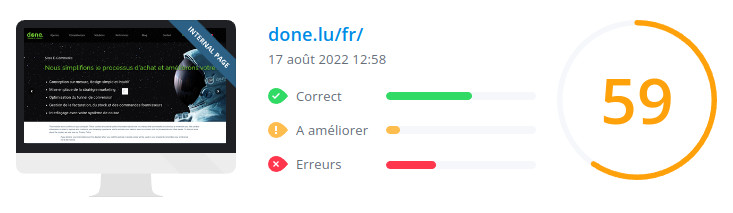 Score WooRank de la page d'accueil du site done.lu le 17 août 2022 : 59/100 done.lu : score Woorank de la page d'accueil du site en date du 17 août 2022