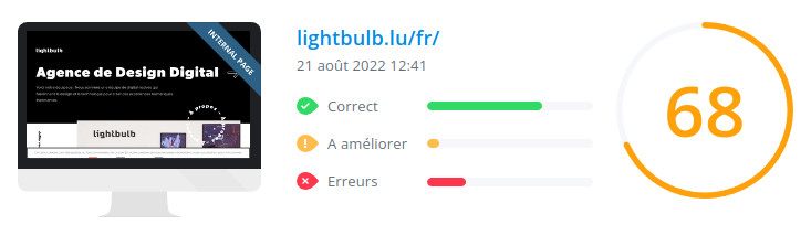 Score WooRank de la page d'accueil du site lightbulb.lu le 21 août 2022 : 68/100 lightbulb.lu : score Woorank de la page d'accueil du site en date du 21 août 2022