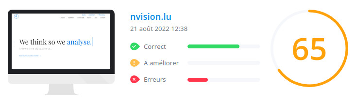 Score WooRank de la page d'accueil du site nvision.lu le 21 août 2022 : 65/100 nvision.lu : score Woorank de la page d'accueil du site en date du 21 août 2022