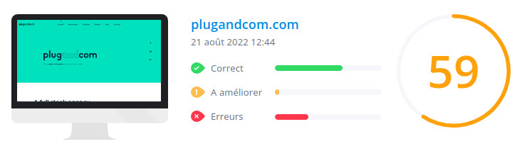 Score WooRank de la page d'accueil du site plugandcom.com le 21 août 2022 : 59/100 plugandcom.com : score Woorank de la page d'accueil du site en date du 21 août 2022