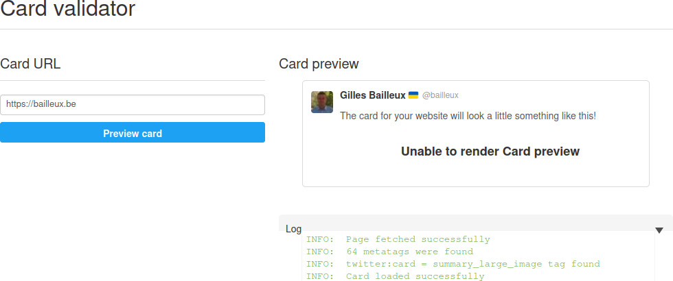 La page d'accueil de ce site web est validée par le Card validator de Twitter Conformité de la Twitter Card sur la page d'accueil du site web bailleux.be
