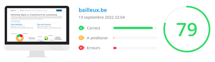 Score WooRank de la page d'accueil du site bailleux.be le 13 septembre 2022 : 79/100 bailleux.be : score Woorank de la page d'accueil du site en date du 13 septembre 2022
