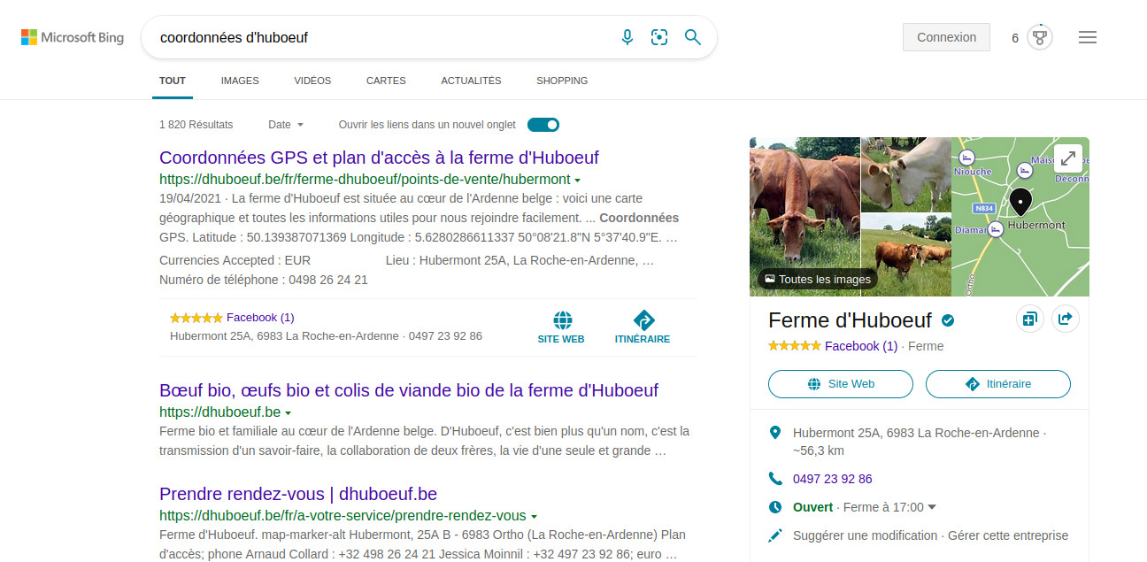 Bing affiche les éléments valides du type de schéma LocalBusiness lors d'une requête portant sur les coordonnées de la ferme d'Huboeuf à Hubermont Requête sur bing.com permettant d'afficher la page web avec les coordonnées de la ferme d'Huboeuf