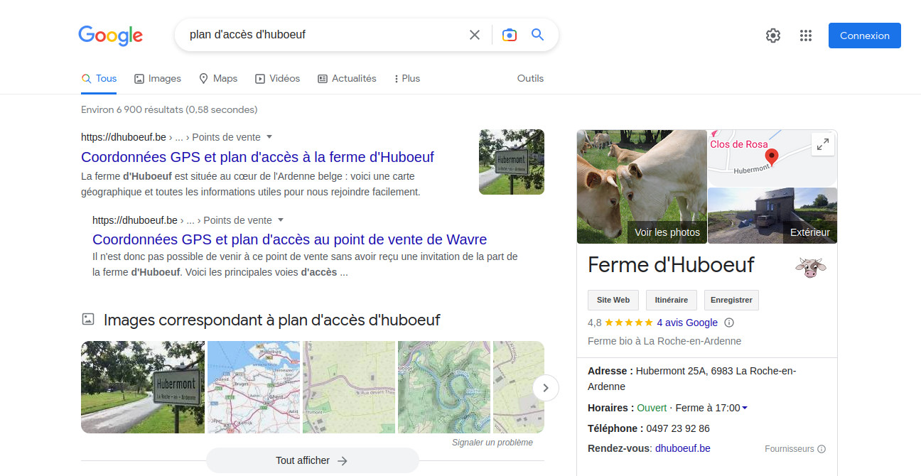 Google affiche les éléments valides du type de schéma LocalBusiness lors d'une requête portant sur le plan d'accès de la ferme d'Huboeuf à Hubermont Requête sur google.com permettant d'afficher la page web avec le plan d'accès de la ferme d'Huboeuf