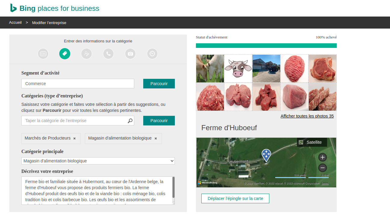 Statut d'achèvement de la fiche d'établissement de la ferme d'Huboeuf sur Bing Places for Business après synchronisation des données avec Google Statut de la fiche d'établissement sur Bing Places for Business
