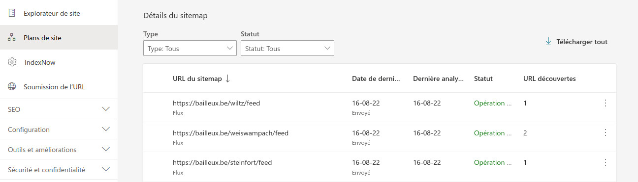 L'interface de Microsoft confirme la réception et l'indexation des plans de site Plans de site : interface de Microsoft Bing Webmaster Tools