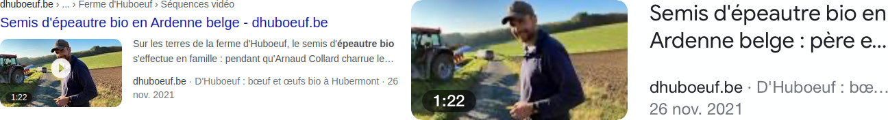 Résultat enrichi personnalisé avec un fil d’Ariane, un titre, une date, une miniature, la durée de la séquence vidéo, le nom du site web et son slogan Extrait enrichi obtenu avec le type de schéma VideoObject et d'autres types de schémas