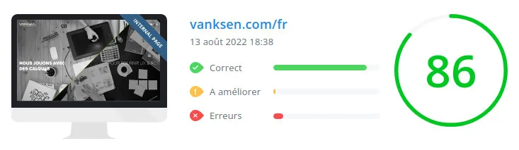 vanksen.com : score Woorank de la page d'accueil du site en date du 13 août 2022
