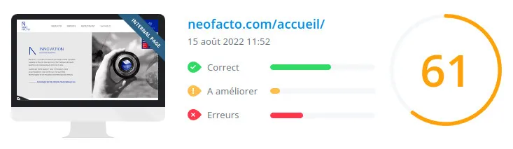 neofacto.com : score WooRank de la page d'accueil du site en date du 15 août 2022
