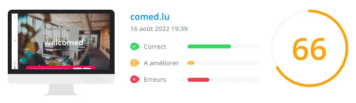 Score WooRank de la page d'accueil du site comed.lu le 16 août 2022 : 66/100 comed.lu : score Woorank de la page d'accueil du site en date du 16 août 2022