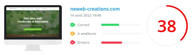 neweb-creations.com : score Woorank de la page d'accueil du site en date du 16 août 2022