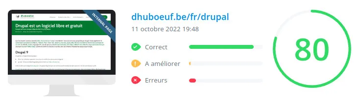Score du potentiel d'efficacité marketing de la page sur dhuboeuf.be en date du 11 octobre 2022 : 80/100