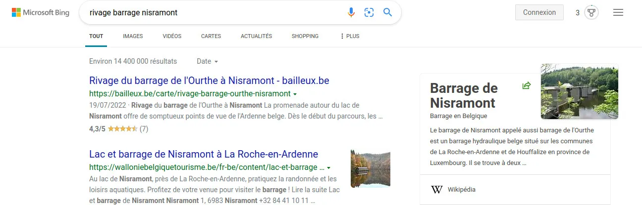 Requête desktop sur Microsoft Bing : lieu en Ardenne belge