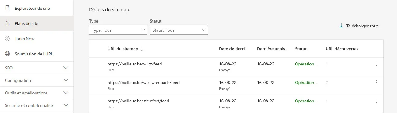 Plans de site : interface de Microsoft Bing Webmaster Tools